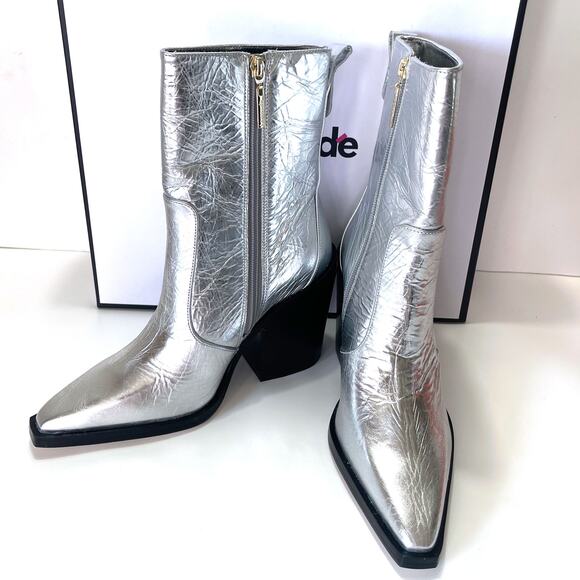 LARROUDE NWT James Crinkled Metallic Leather Boots in Silver Size 8.5 - Picture 1 of 14